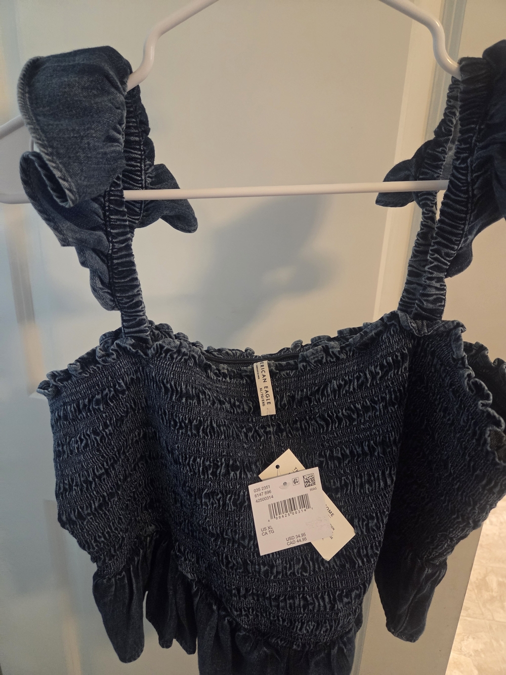 American Eagle Outfitters Dark Blue Smocked Ruffle Strap Top